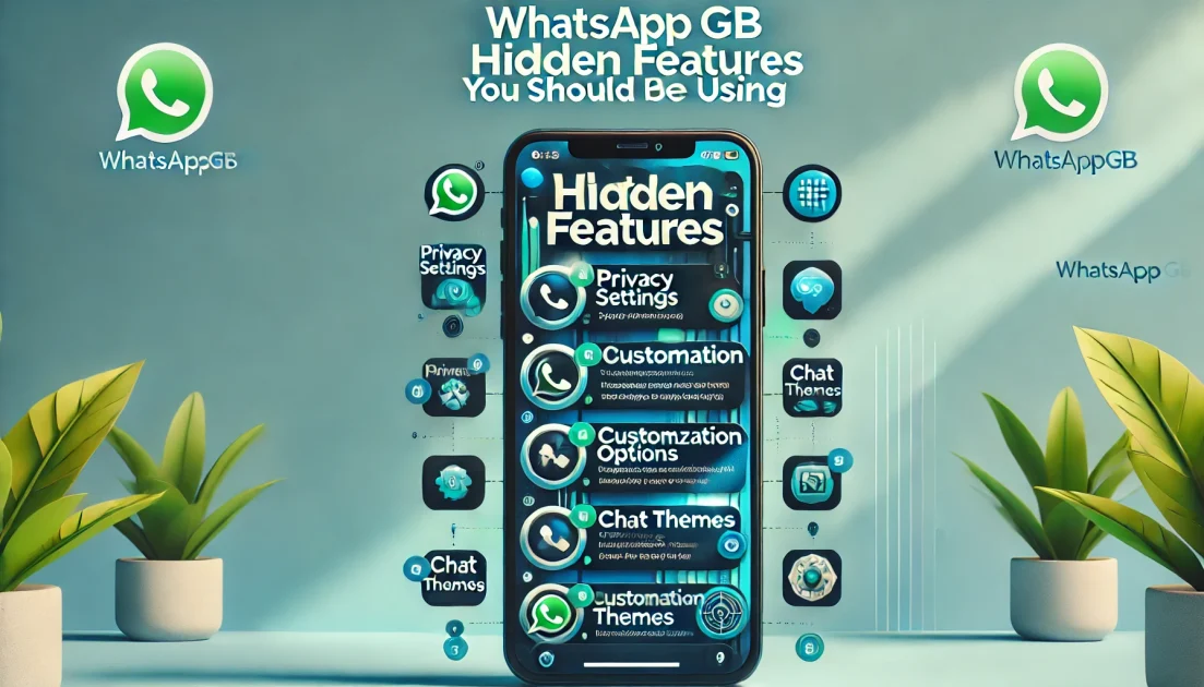 DALL·E 2024 11 07 12.53.23 A stylish blog post image with the text WhatsAppGBs Hidden Features You Should Be Using prominently featured. The background shows a phone screen d